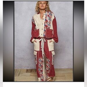 POL Red and Cream Floral Patchwork Jogger Set